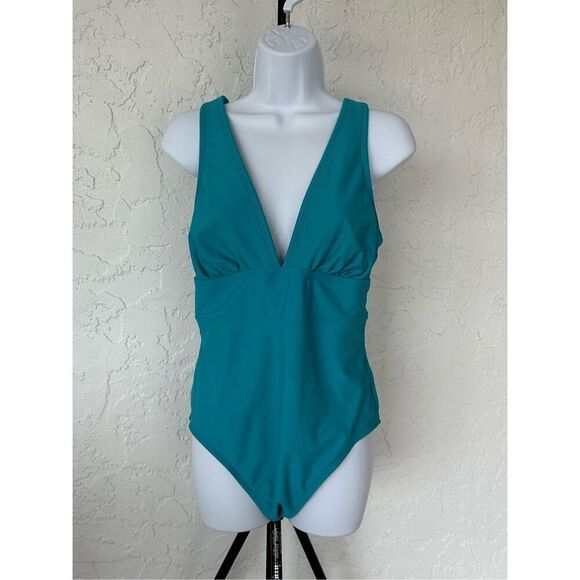 KONA SOL Blue Medium Coverage Wide Shoulder V-Neck One Piece Swimsuit Size L - Picture 7 of 7
